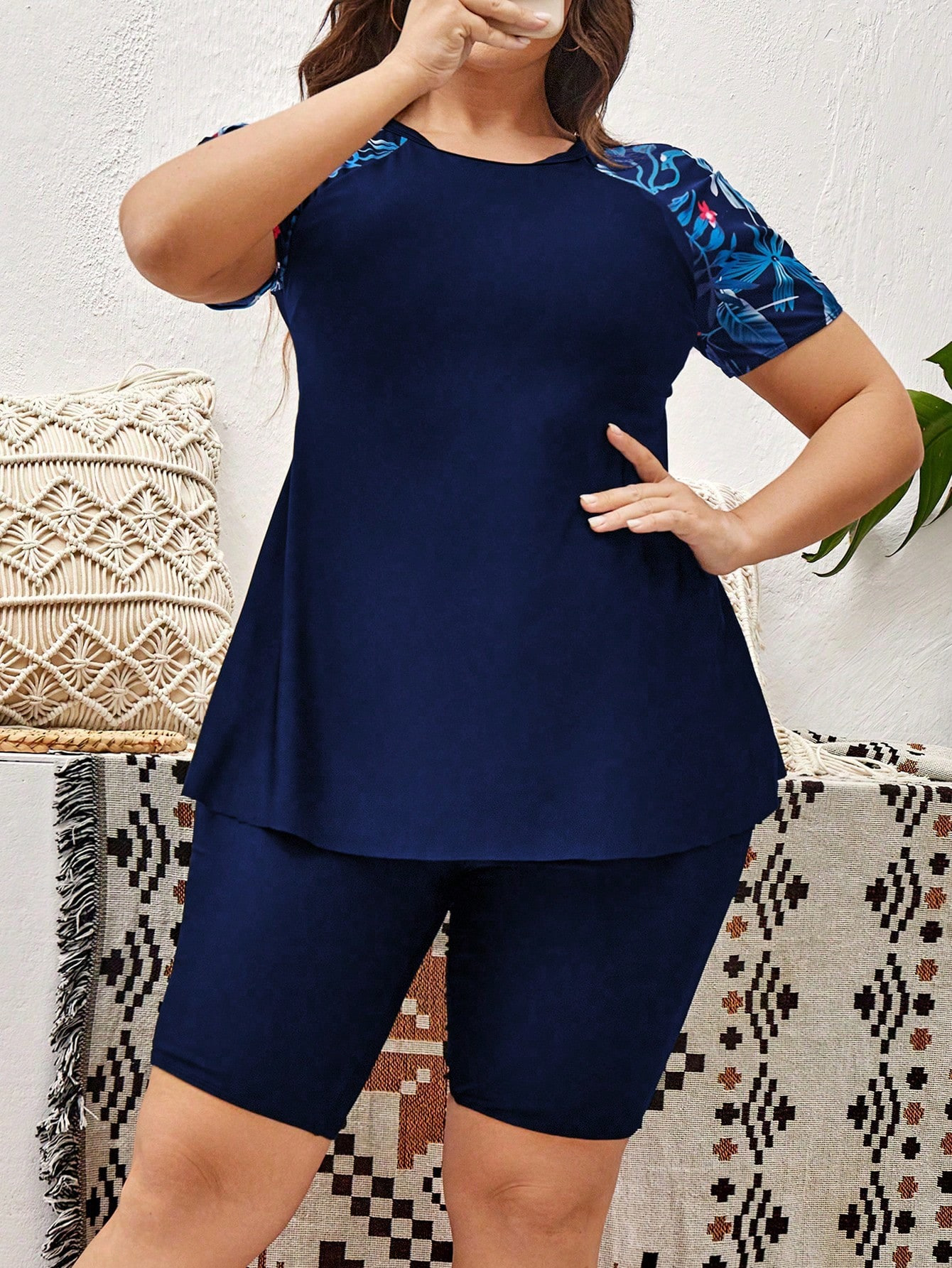 Plus Size Floral Print Two-Piece Set High Waist Surf Swimwear Sports Beachwear